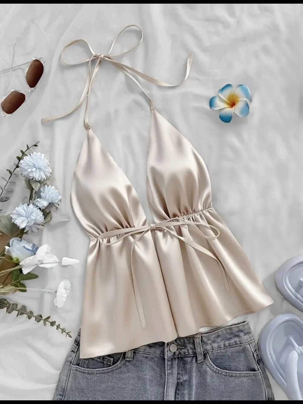 Silky Champagne Halter Tie-Back Top